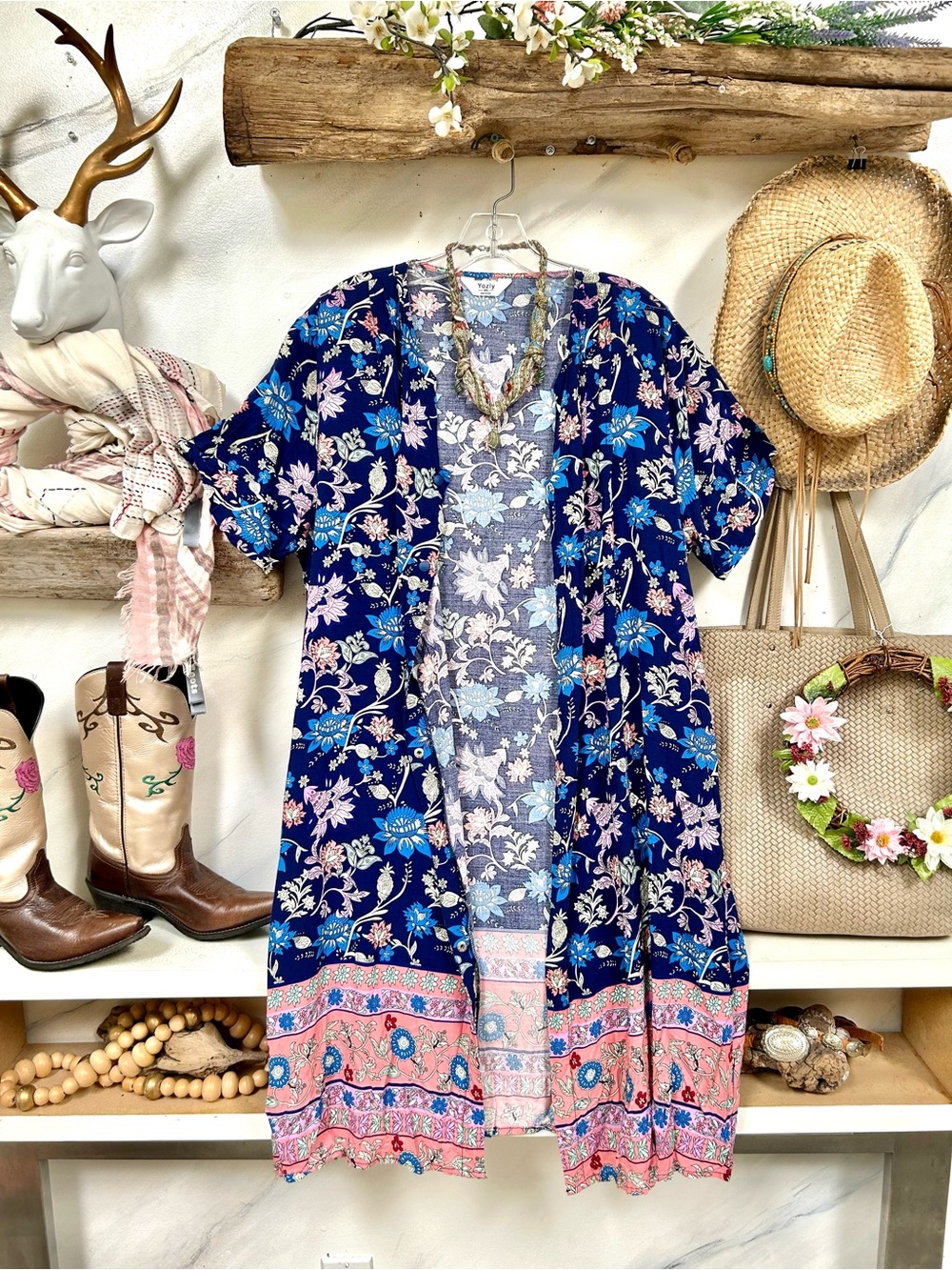 Floral Gypsy boho Open-Front dress/Cover up w enchanting folk floral